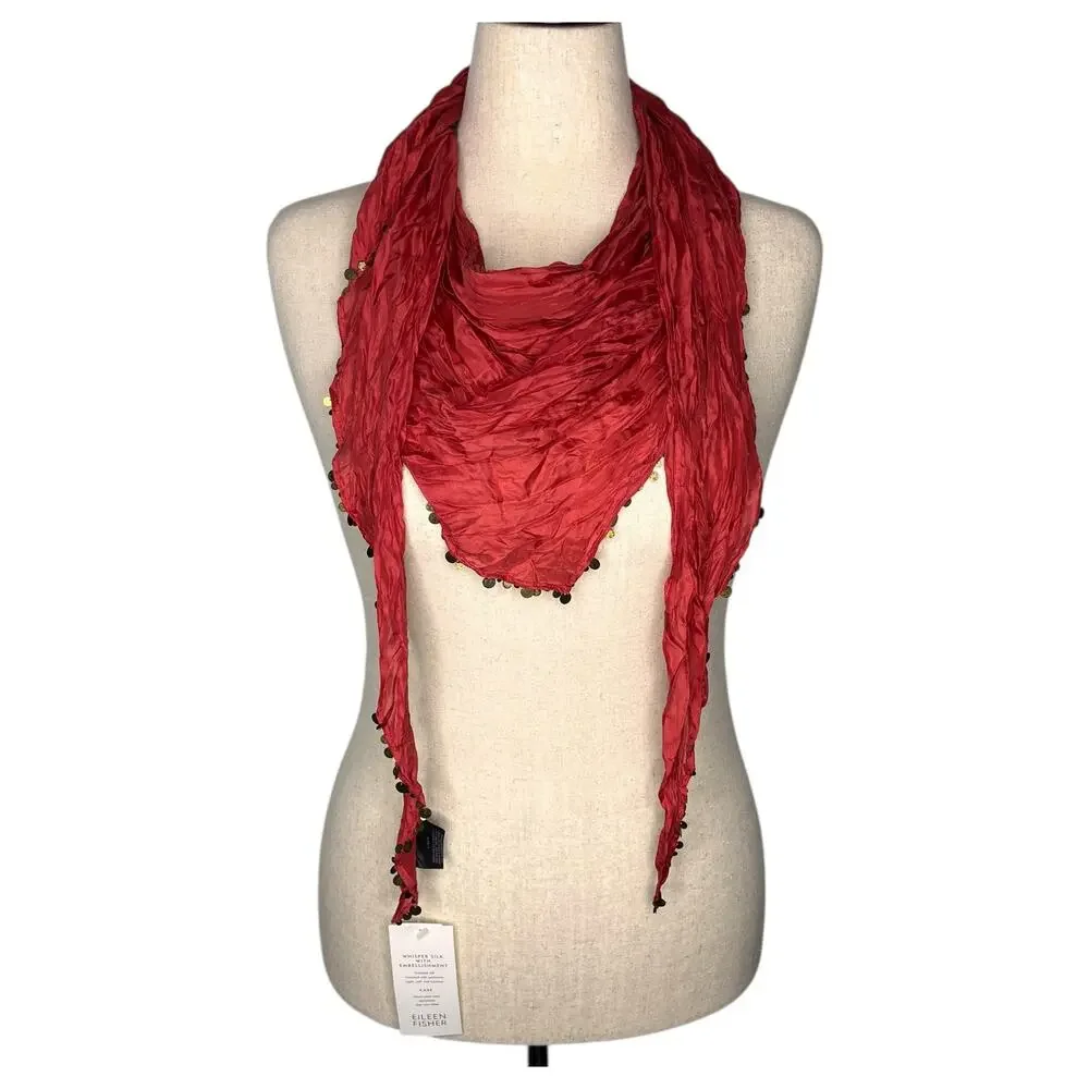 Eileen Fisher Scarf Women's Whisper Silk with Embellishment Coral Red 76